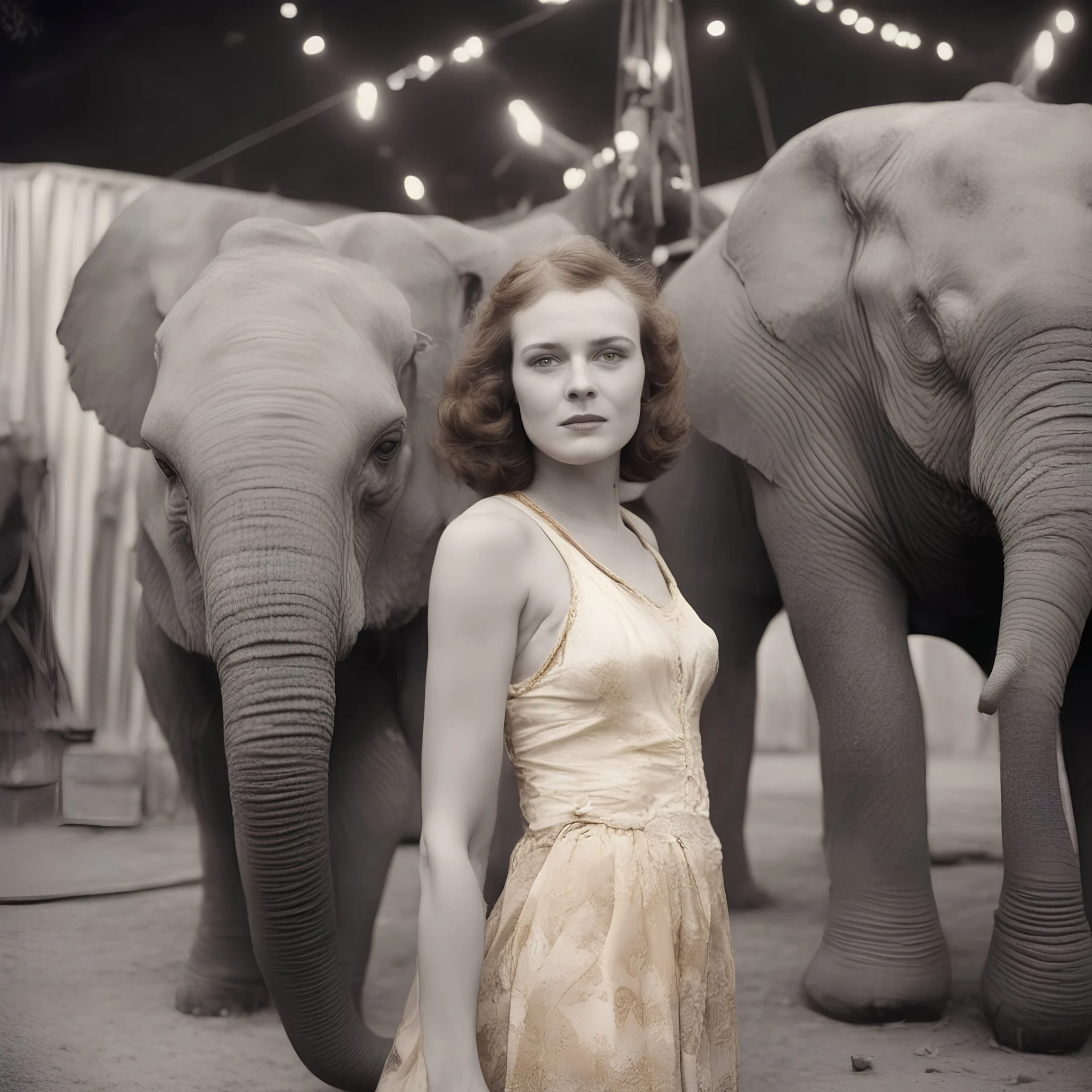 A woman , freckles, with an elephant, at the circus, 1970s, golden