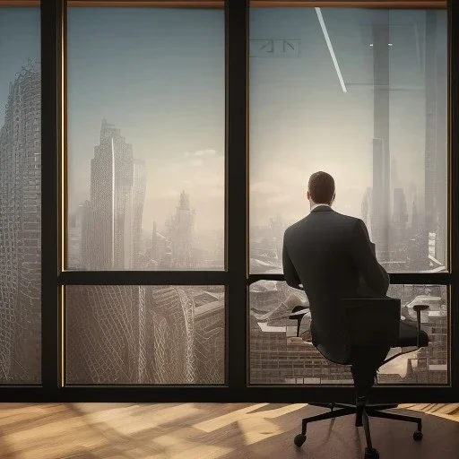 man sitting at his desk wearing a suit in an office, beautiful view of the city from his window, dramatic, dramatic lighting, volumetric lighting, hyperrealism, 8k, high quality, photorealistic, lot of details