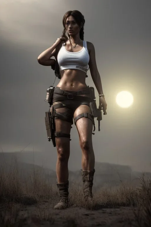 full body shot, masterpiece, best quality, lara croft face, hitomi tanaka body, highly detailed body, realistic details, scifi, sun light, 4K, RAW, depth of field, high contrast, 24mm