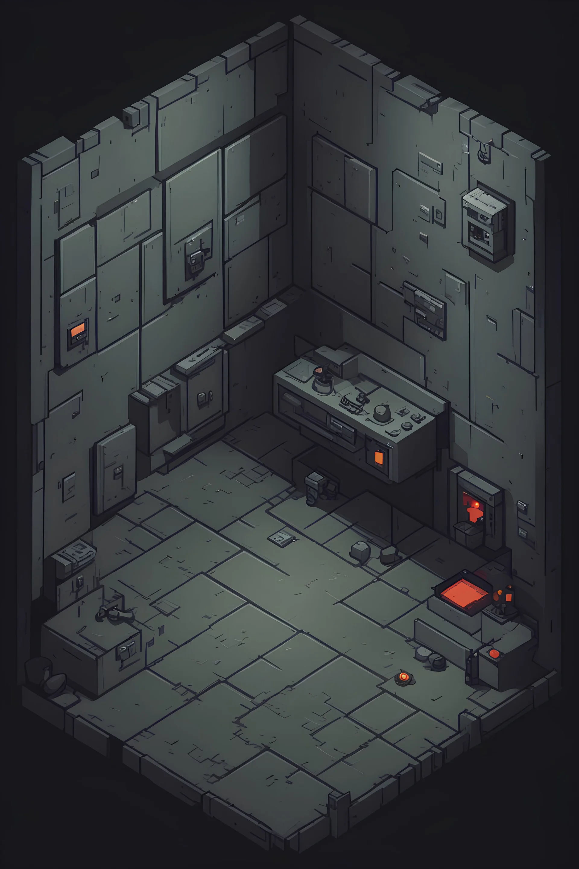 a cell, in a bunker, dark, video game, 2D, pixel art