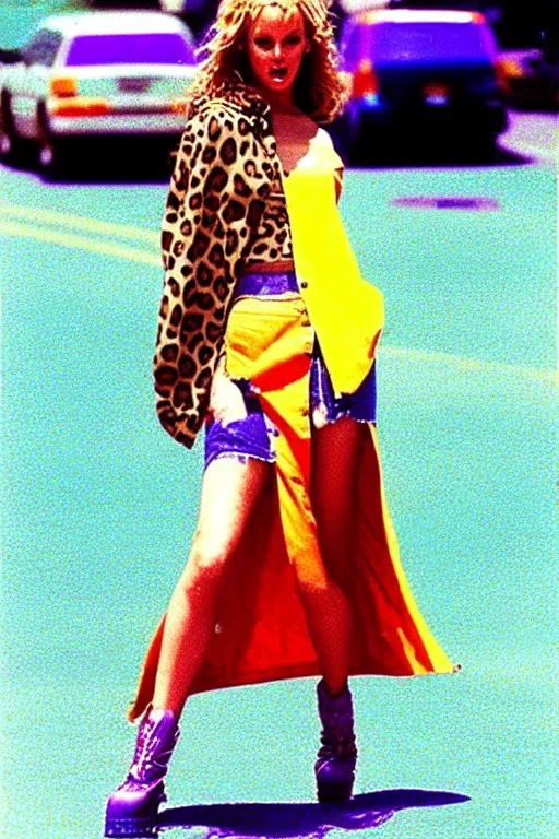 year 1996 denim fashion. Loose skirt, low waist. Colors: denim blue, blue, purple, cream, khaki, light green, lilac, plum, orange, terracotta, red, light yellow, lion yellow, pink, dark blue, beige. leopard, Cheetah . Kylie Minogue, Tyra Banks,