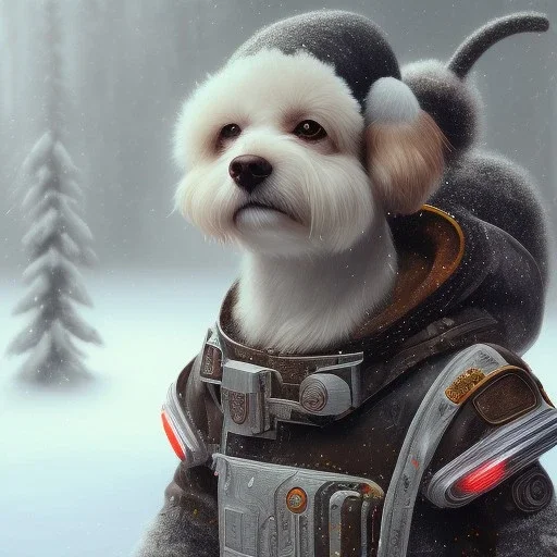 Cyberpunk Portrait of dog child with brown hair and with cute face, north pole snowy vibe , perfect composition, hyperrealistic, super detailed, 8k, high quality, trending art, trending on artstation, sharp focus, studio photo, intricate details, highly detailed, by greg rutkowski