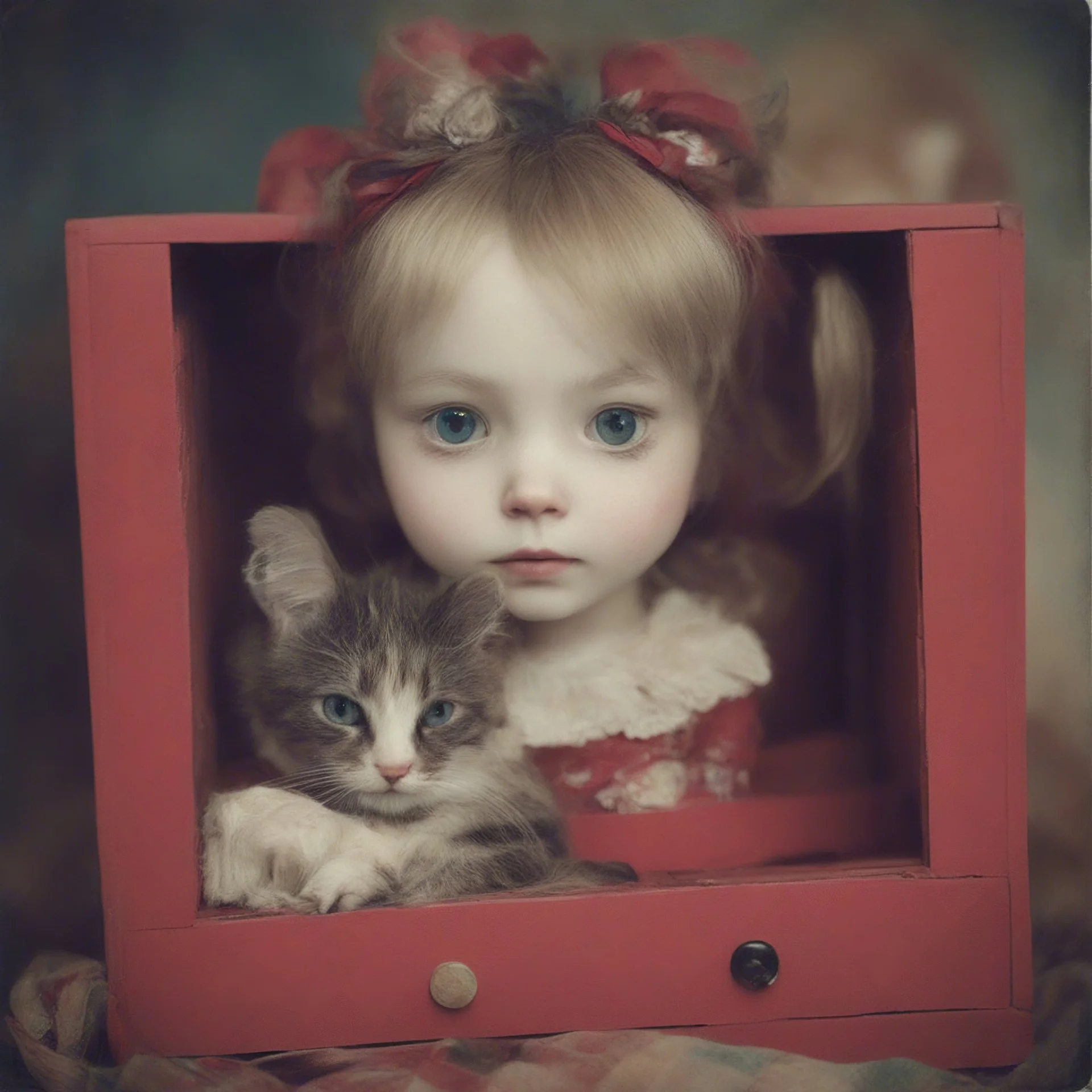 Blythe dol in a boxl, red, autochrome, cardboards, and a cat