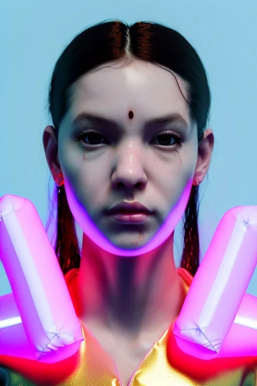 Ultra Realistic image, Rosalía artist, casual portrait, normal complexion, natural small busty, yakuza tattoo, two bows, little chopsticks hair ,black eye long liner, latex t-shirt, inflatable open coat, gold pink and blue style, spray line glow make up, geometric led jewelry, fog, hot, inflatable style latex coat, vibrant color, highly detailed, art stations, concept art, smooth, unreal engine 5, god rays, ray tracing, RTX, lumen lighting, ultra detail, volumetric lighting, 3d, finely drawn.