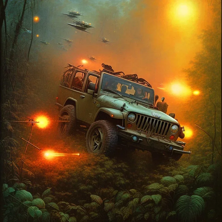 vietnam war. war report. jeep in jungle. poster. bokeh. lens flare. warm lights. high detailed. beksinski