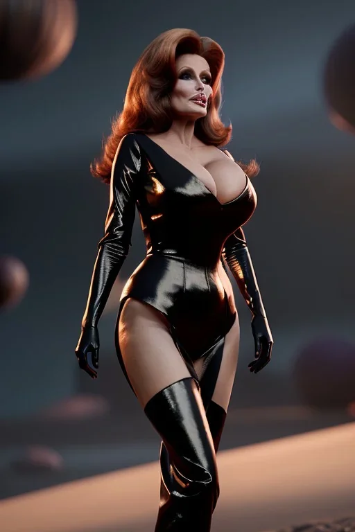 Raquel Welch as evil queen in black leather gown, angry, busty, curvey, cleavage, unreal 5, octane render, cinema4d, dynamic lighting, dramatic lighting, 4k, redshift render, highly detailed, hyper realistic