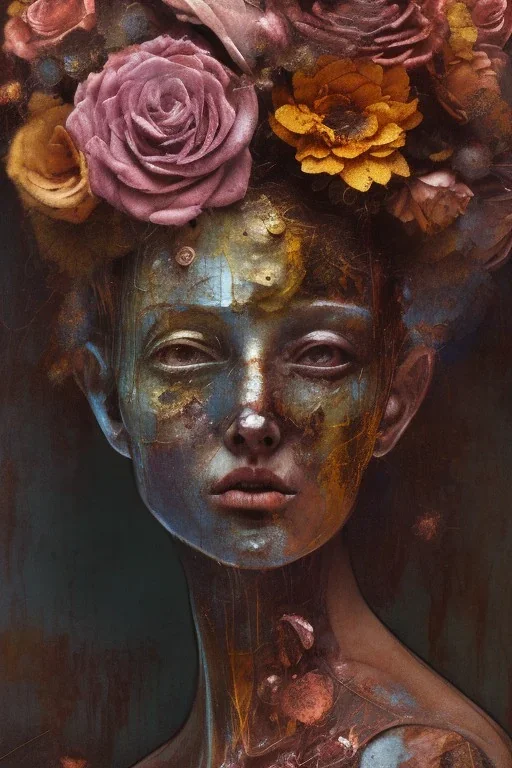 an abstract painting of rusted metal and flowers, by degas, rust, scaffolding, iron cladding, decay, mixed media, textured, anatomically correct, beautiful perfect face, sharp focus, highly detailed