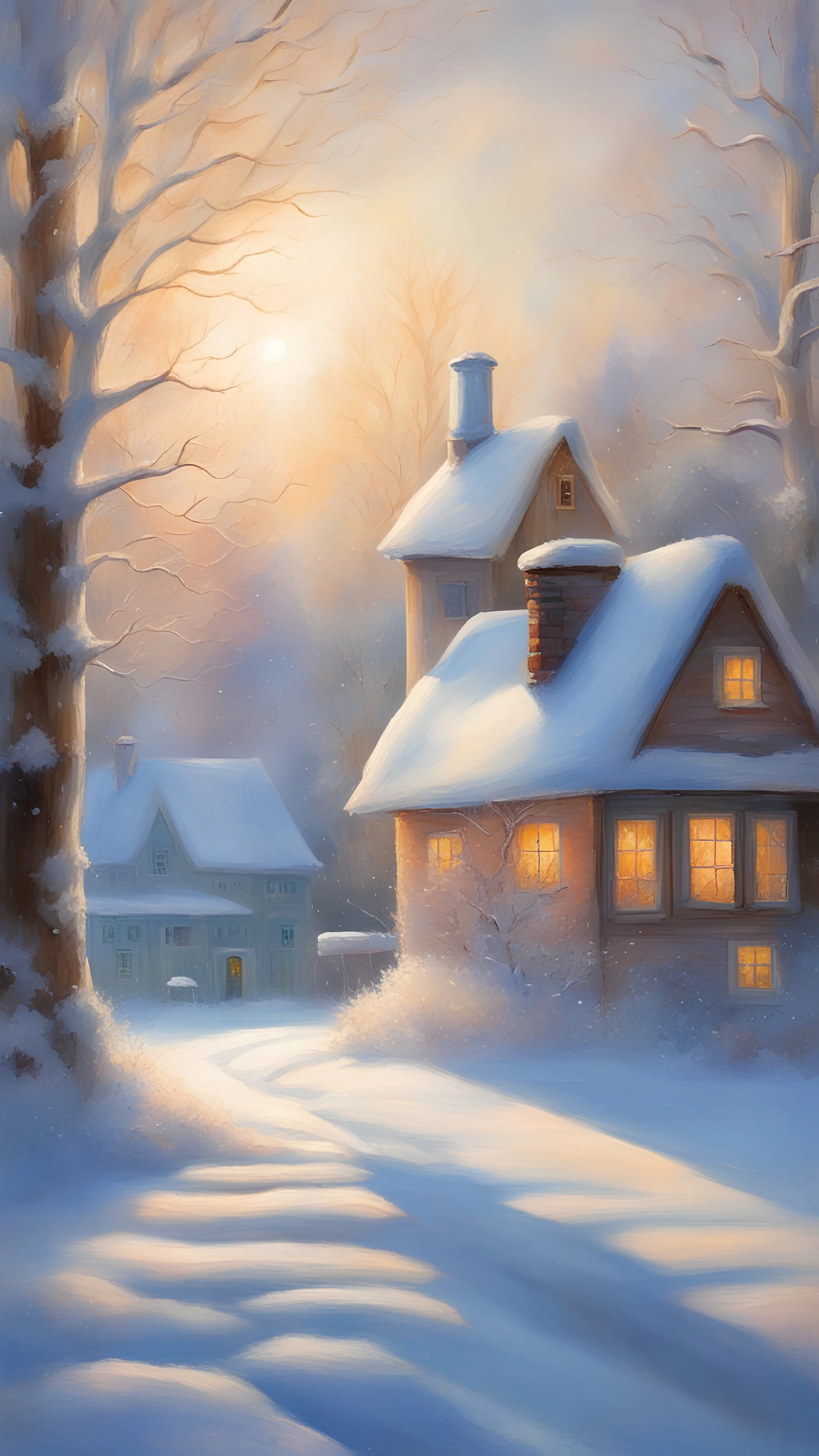 With furrowed browsIn winter's embrace, a snowman stands tall, Adorned in white, where shadows gently fall. A cottage nearby, nestled in the frosty air, Morning sunlight dances, painting colors rare. The world awakens with a whimsical grace, A timeless scene, a moment frozen in space.