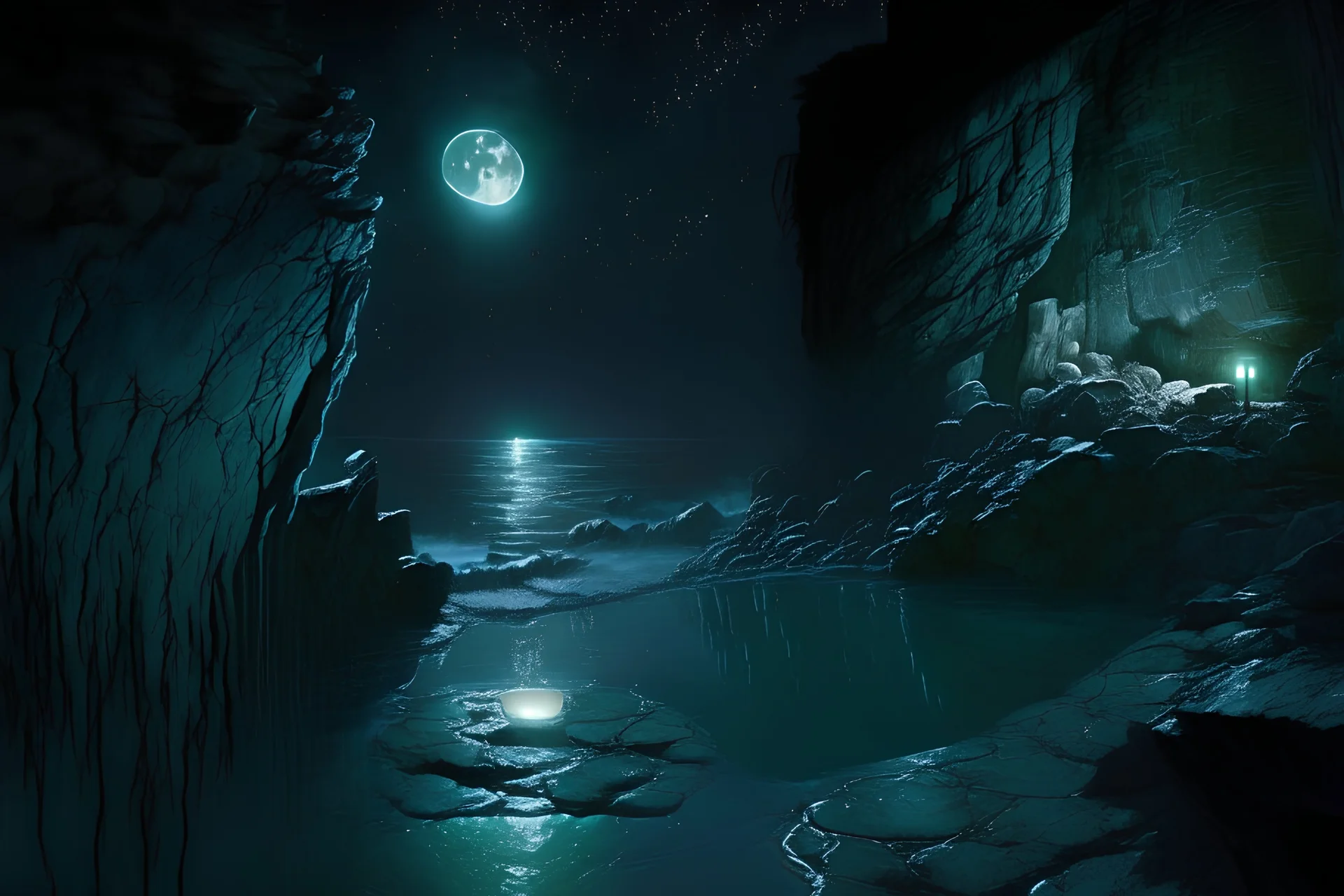 night, cliffs, rocks, trascendent and new age influence, beyond, sci-fi, puddle