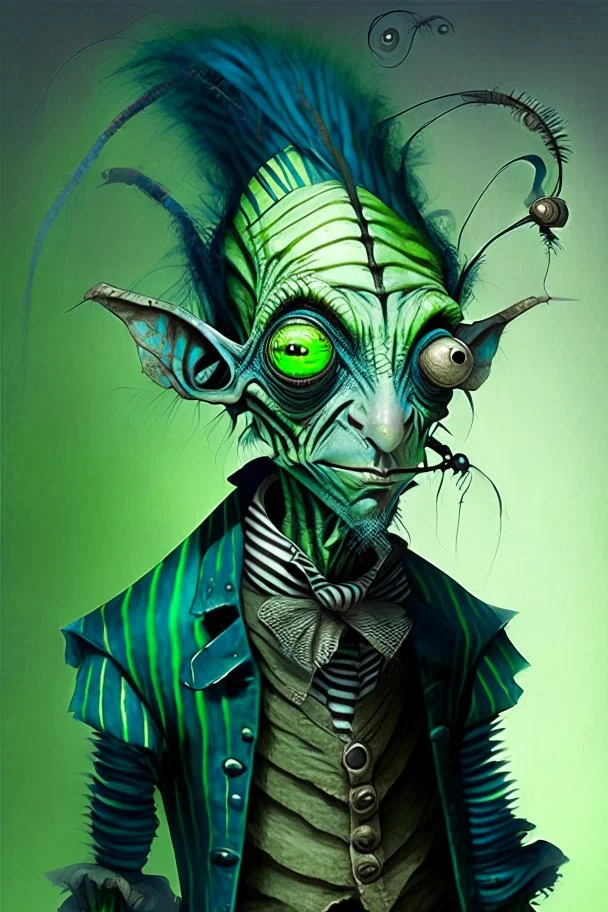 Artist Jean-Baptiste Monge style. A old biomorph male humanoid with Ant face. Bright eyes. A green and blue striped outfit. Modifiers: Tim Burton Craig Rutkowski