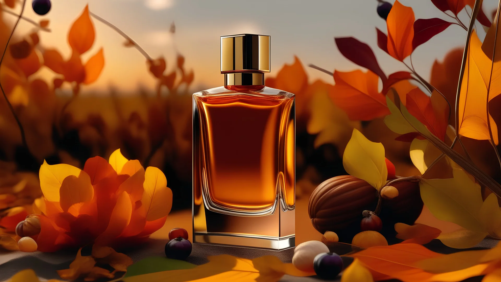 generate me an aesthetic complete image of Perfume Bottle with Autumn Harvest