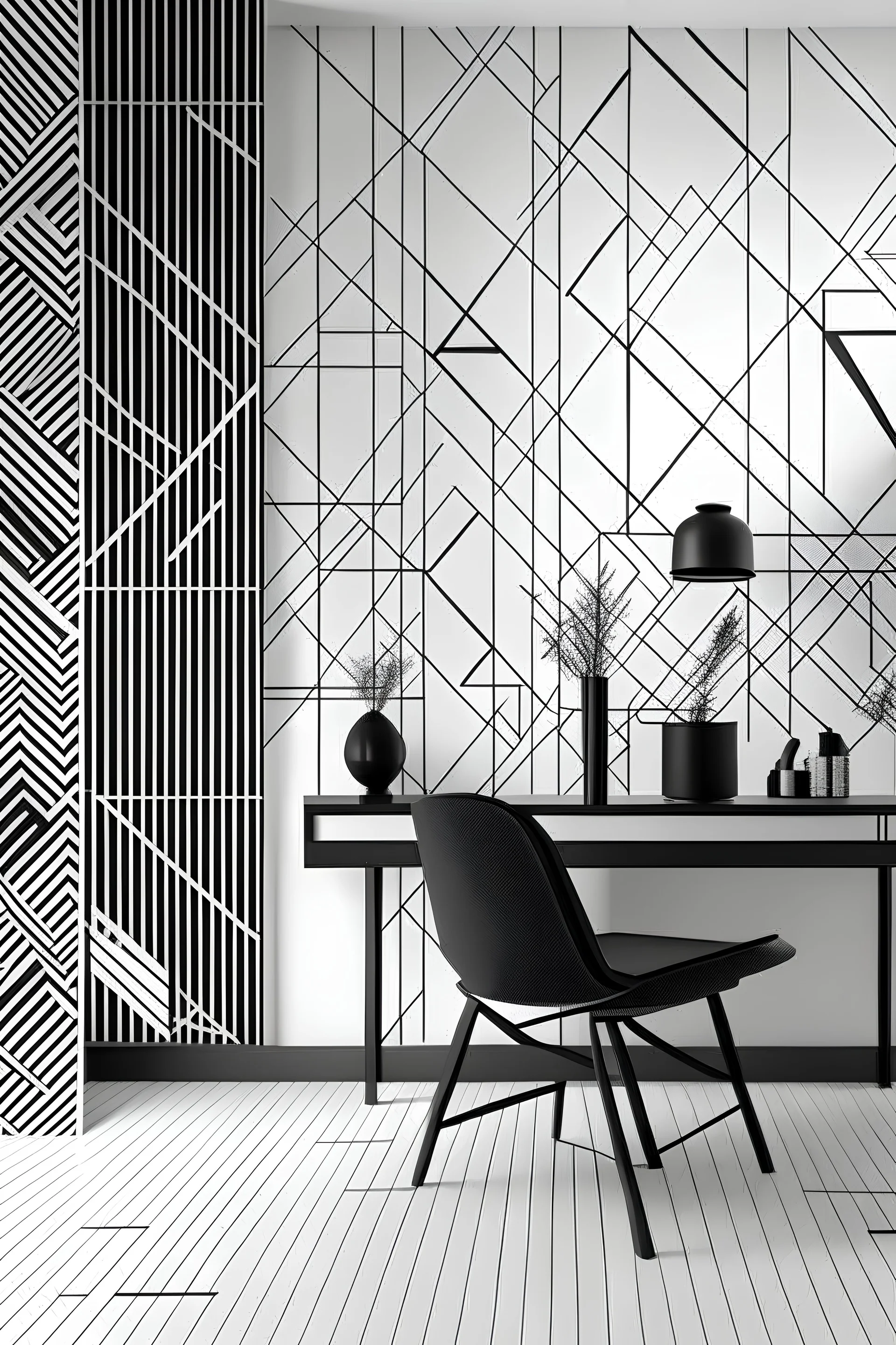 Create handpainted wall mural with intersecting grids and geometric shapes in black and white, capturing the essence of Swiss Design with a focus on clean lines and simplicity.