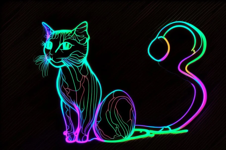 black background, outlines of a holographic question mark and contented cat drawn from thin neon-coloured glowing lines