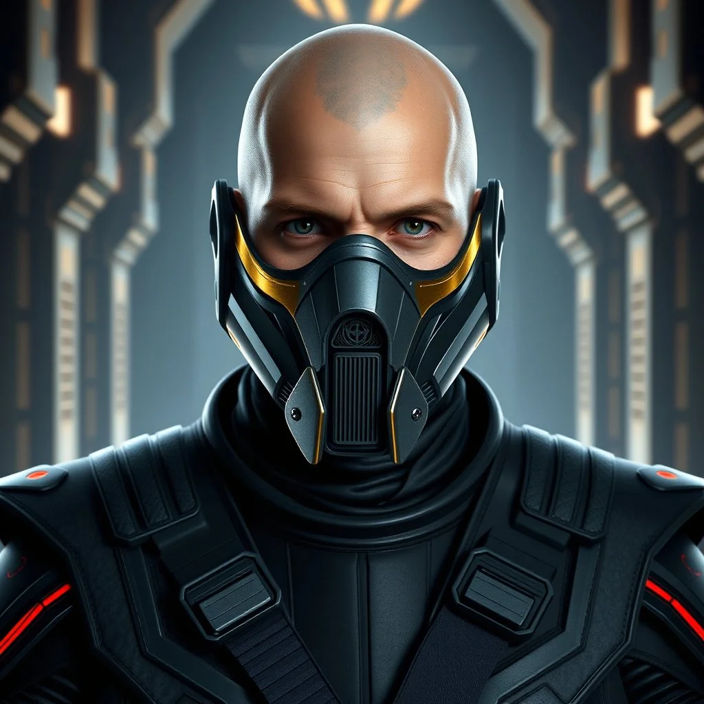 star wars bald male corellian jedi wearing gunmetal grey and black old republic armored flightsuit and breath mask with gold and metallic red trim inside the jedi temple, centered head and shoulders portrait, hyperdetailed, dynamic lighting, hyperdetailed background, 8k resolution, volumetric lighting, light skin, fully symmetric details