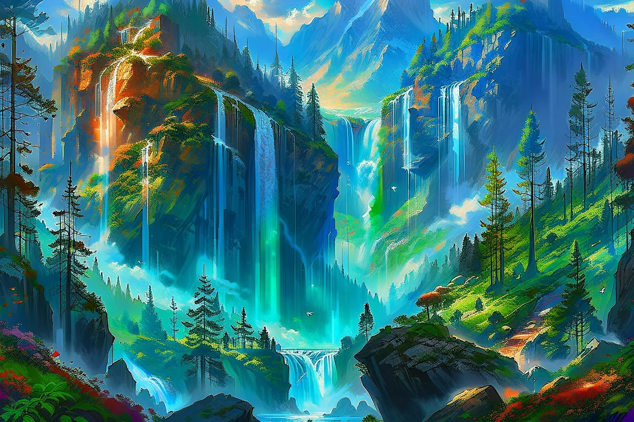 The land of scandinavia, forests, waterfall, travelers on their way, beautiful scenery, 8k, high detail, digital painting, concept art