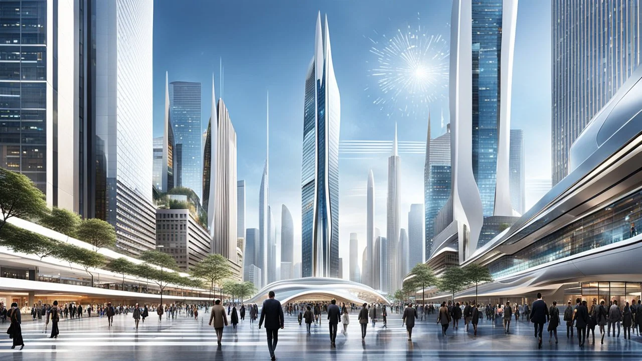 A visually striking, futuristic scene depicting the bustling heart of a 2080 metropolitan city center, with a dynamic blend of human activity and advanced architectural elements. The foreground should feature a diverse array of individuals - a mixture of pedestrians, commuters, and urban dwellers - engaged in various tasks and interactions within the city landscape. These people should be rendered with a high level of photorealism, showcasing the nuanced expressions, fashion, and body language