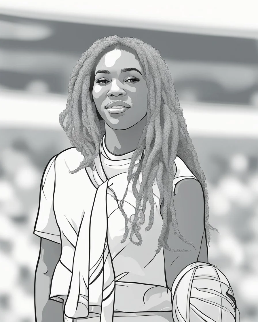 coloring page for teens, simple outlines art, illustration, outline drawing, bold outlines, clean and clear outlines, no tones color, no color, no detailed art, art full view, wide angle, white background, Serena Williams