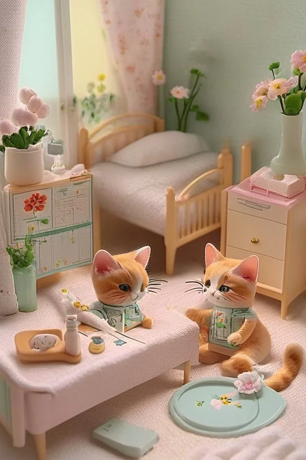 Sylvanian family cat and kitten hospital, hospital furniture, charts on beds, flowers in a vase on a table next to a bed