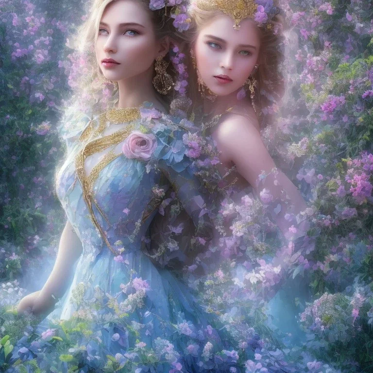 bright fairy, beautiful portrait of swedish beautiful girl, flowery a magical crystal flower lys bougainvillier, blue gold house indian palace castle in the woods, magnolias pink,blue lake,sun,white swanns,pink vertical, blue lake,sharp, vines, candlelit, endor, ornate, elegant, highly detailed, artstation, concept art, smooth, sharp focus, illustration, 8k, splash art, wallpaper, key visual