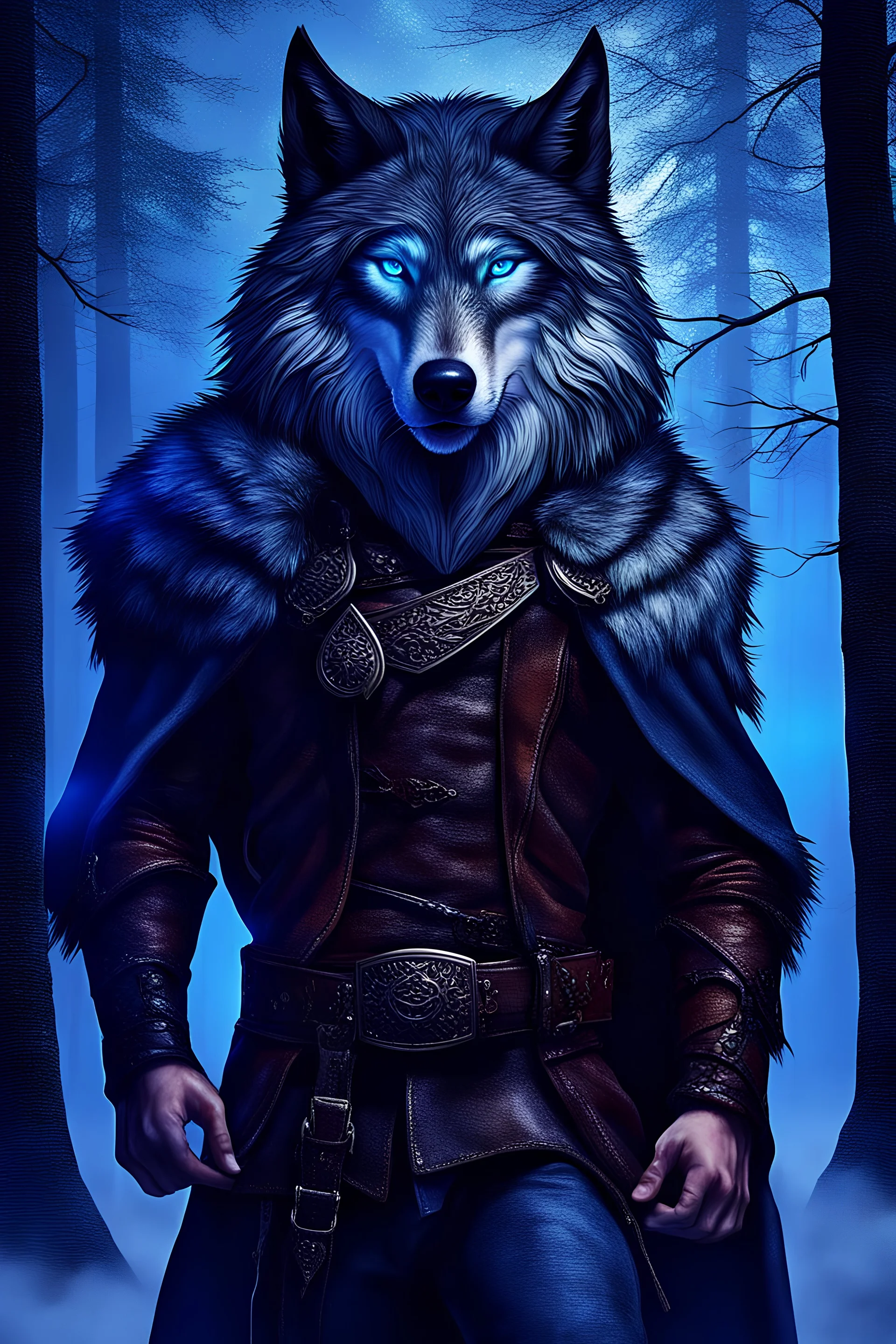 A formidable young warrior in leather and furs, on the background fantasy style, Amazing gloomy snowy forest, flooded with sunset, mountains, trees, fabulous scary hero, juicy emotions, hyper realistic fantasy book cover, wolf in background among the trees with glowing blue eyes,