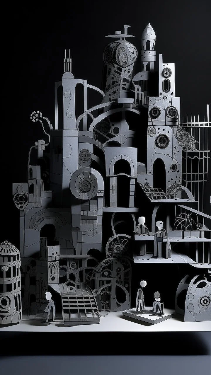 A gray mechanical factory made out of steel designed in Javanese shadow puppets painted by Stuart Davis