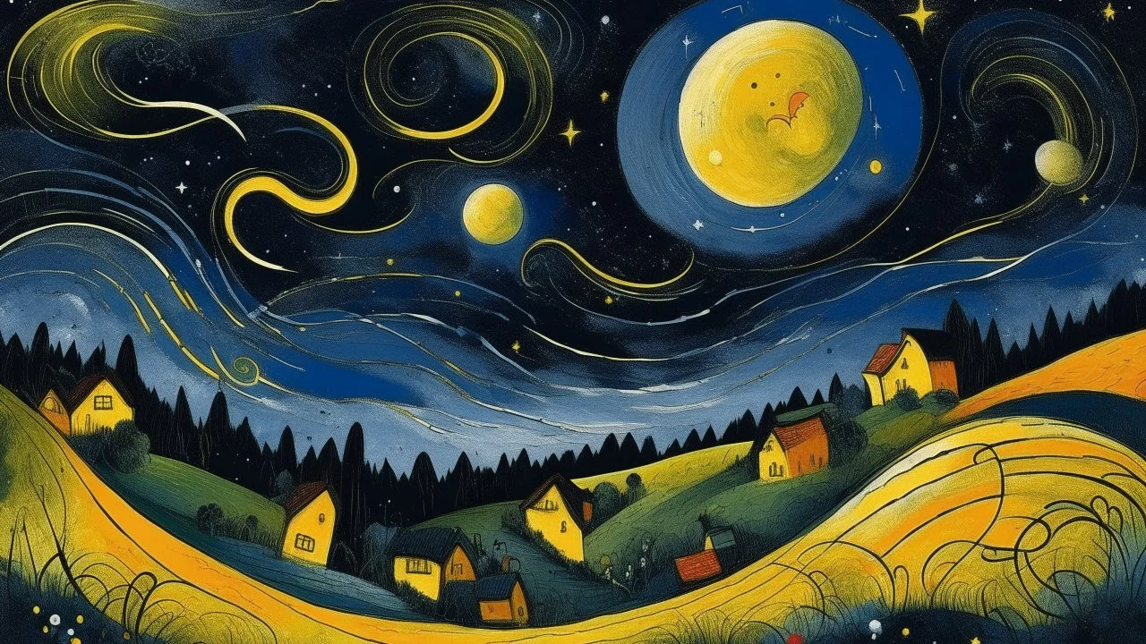 A swirling night sky with bright yellow stars and a crescent moon over a village with houses and trees in the foreground