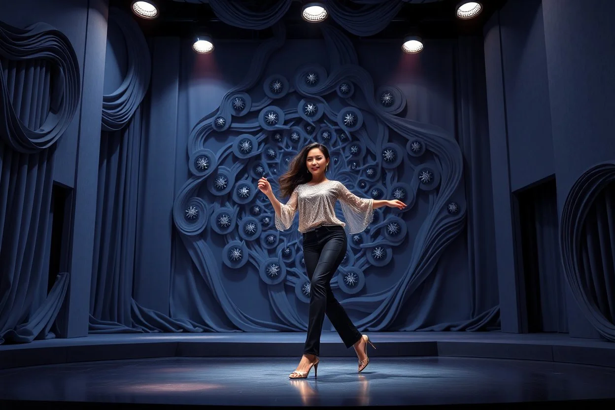 modern stage with gray-blue theme artistic decoration , color full dynamic lighting, a beautiful lady in pants and blouse with shining silver jewels dancing, 3D recursive fractal structure animating background