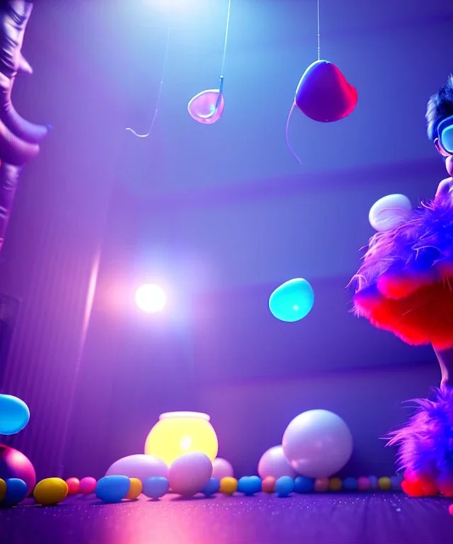 Ultra realistic speed room scene, wide angle view, teenager playing with feather pillows and inflatable monsters, circus dress style, feather color, free jumping, many trinkets, hair monster, many jelly beans, balls, smile, extreme, wind, soft color, highly detailed, unreal engine 5, ray tracing, RTX, lumen lighting, ultra detail, volumetric lighting, 3d, finely drawn, high definition.