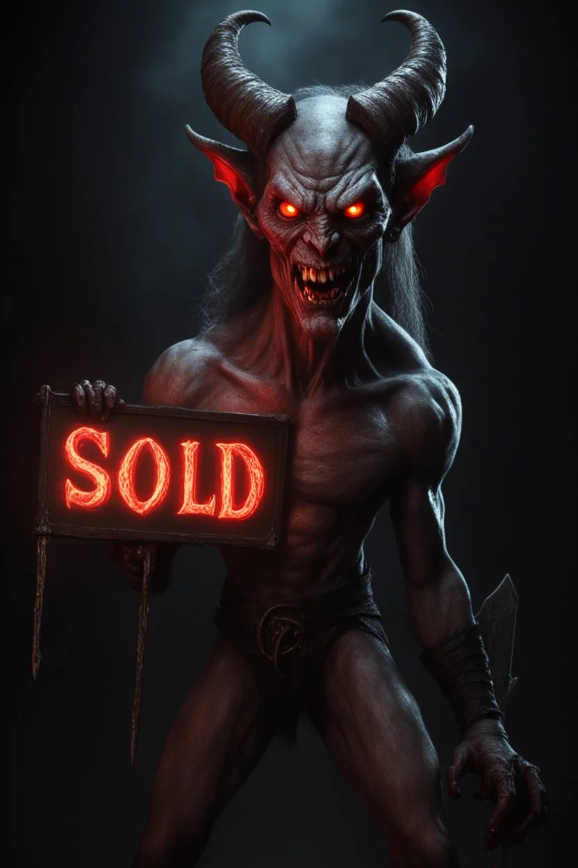A realistic ghoulish devil with glowing eyes and horns, leaning forward at an angle as if over someone's shoulder, facing right, holding a large sign that says "SOLD" in clear letters. No humans, no extra subjects, cinematic horror lighting.