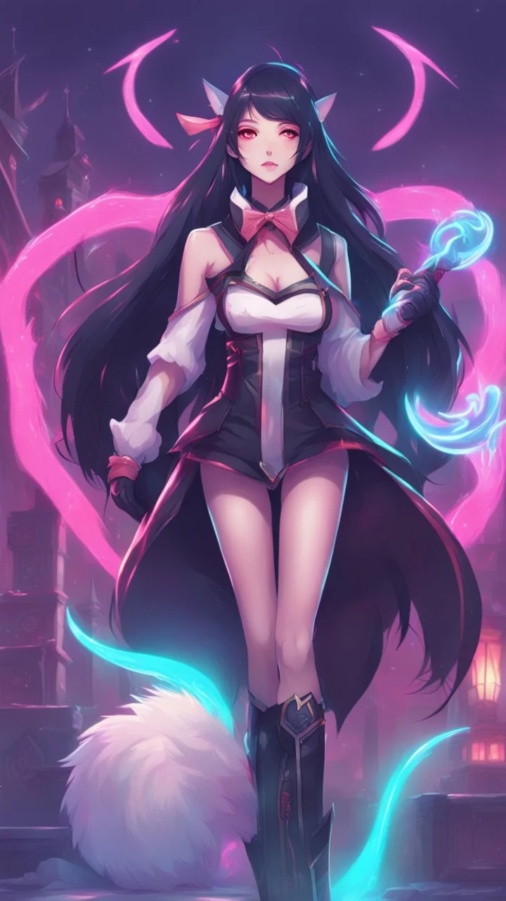 A close hot picture of Ahri with black hair and Clothes and nine Sia with neon glowing in fantasy world