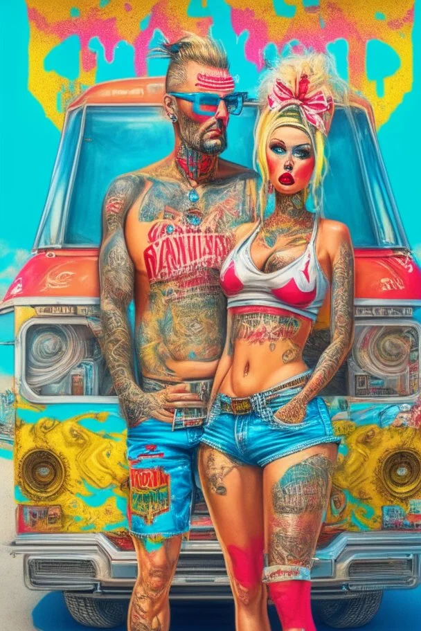 Consumerist Trailer Park God And Goddess Covered In Brand Tattoos With Giant Logos All Over Their Clothes; Pop Art Renaissance Trailer Trash Painting; Insanely Detailed; award-winning portfolio piece, provocative, psychedelic, Magnificent.