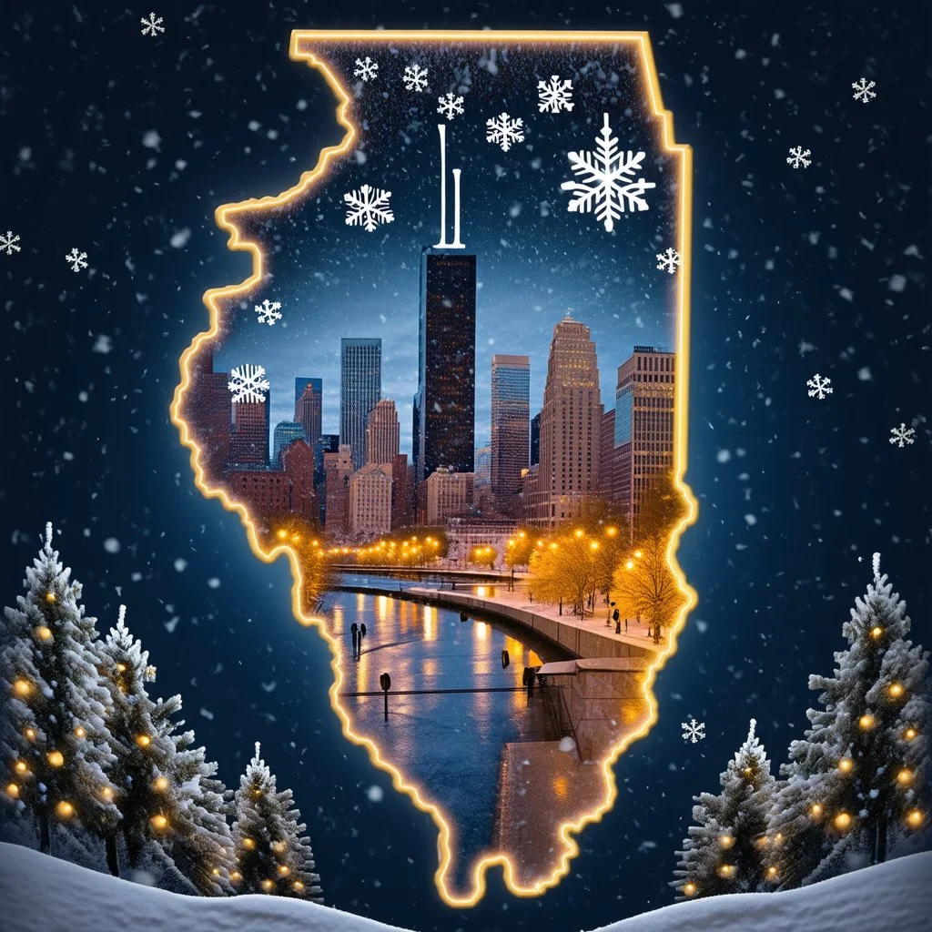 A outline of the State of Illinois against a dark snowy background with snowflakes falling down.. In the center of the state is a image representing the skyline of Chicago at Christmas with its beautiful buildings and architecture. The rest of the area inside the outline is softly glowing xmas trees.