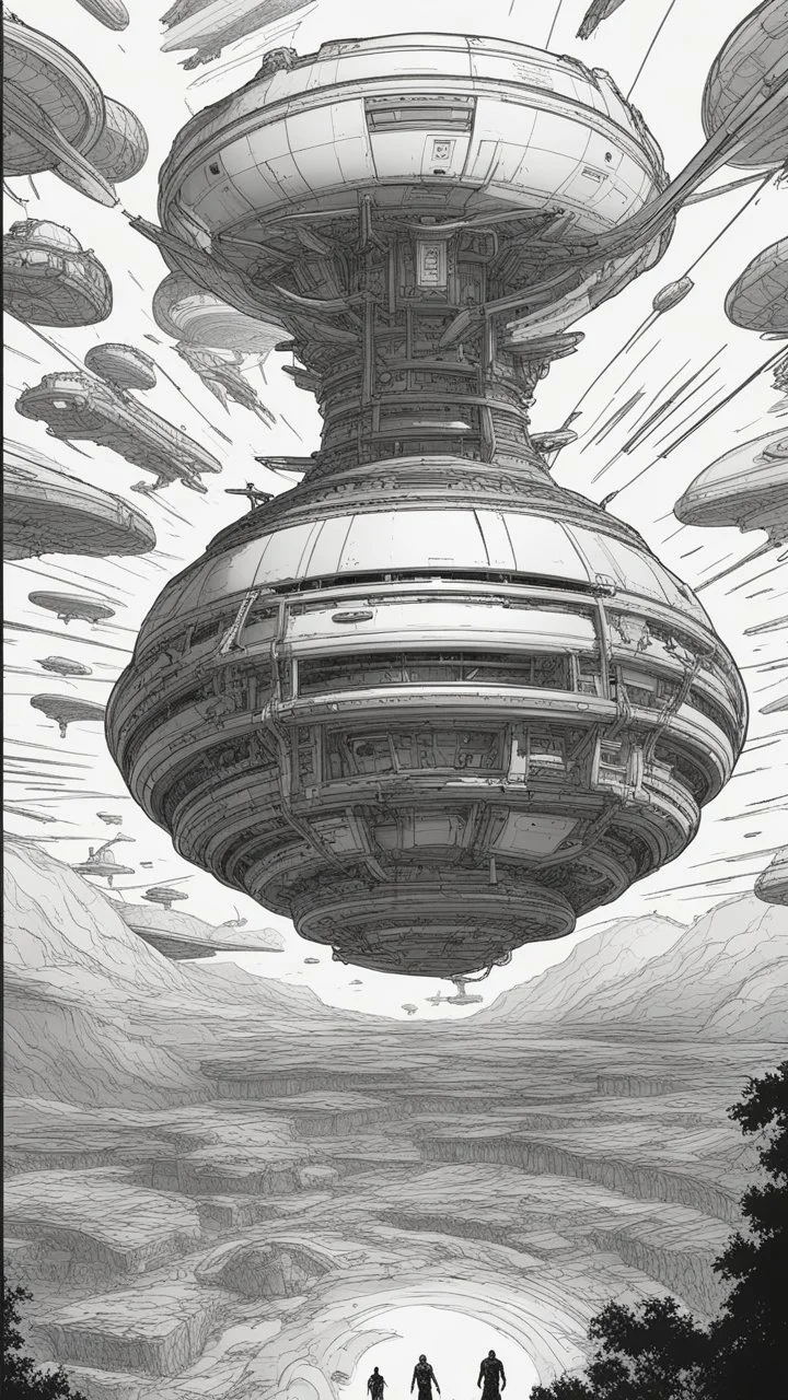 A land filled with a lot of aliens in a bright light at the end of the picture a huge spacecraft object hovering above , cinematic, 8k, in black and white, fine line draw