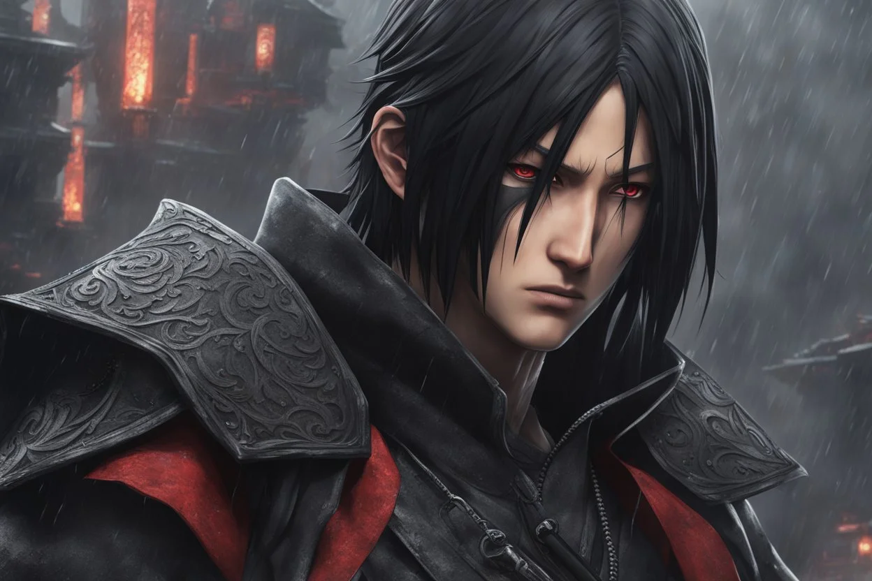 Itachi Uchiha in 8k nier automata artstyle, Uchiha Custom, close picture, rain, fantasy world, intricate details, highly detailed, high details, detailed portrait, masterpiece,ultra detailed, ultra quality