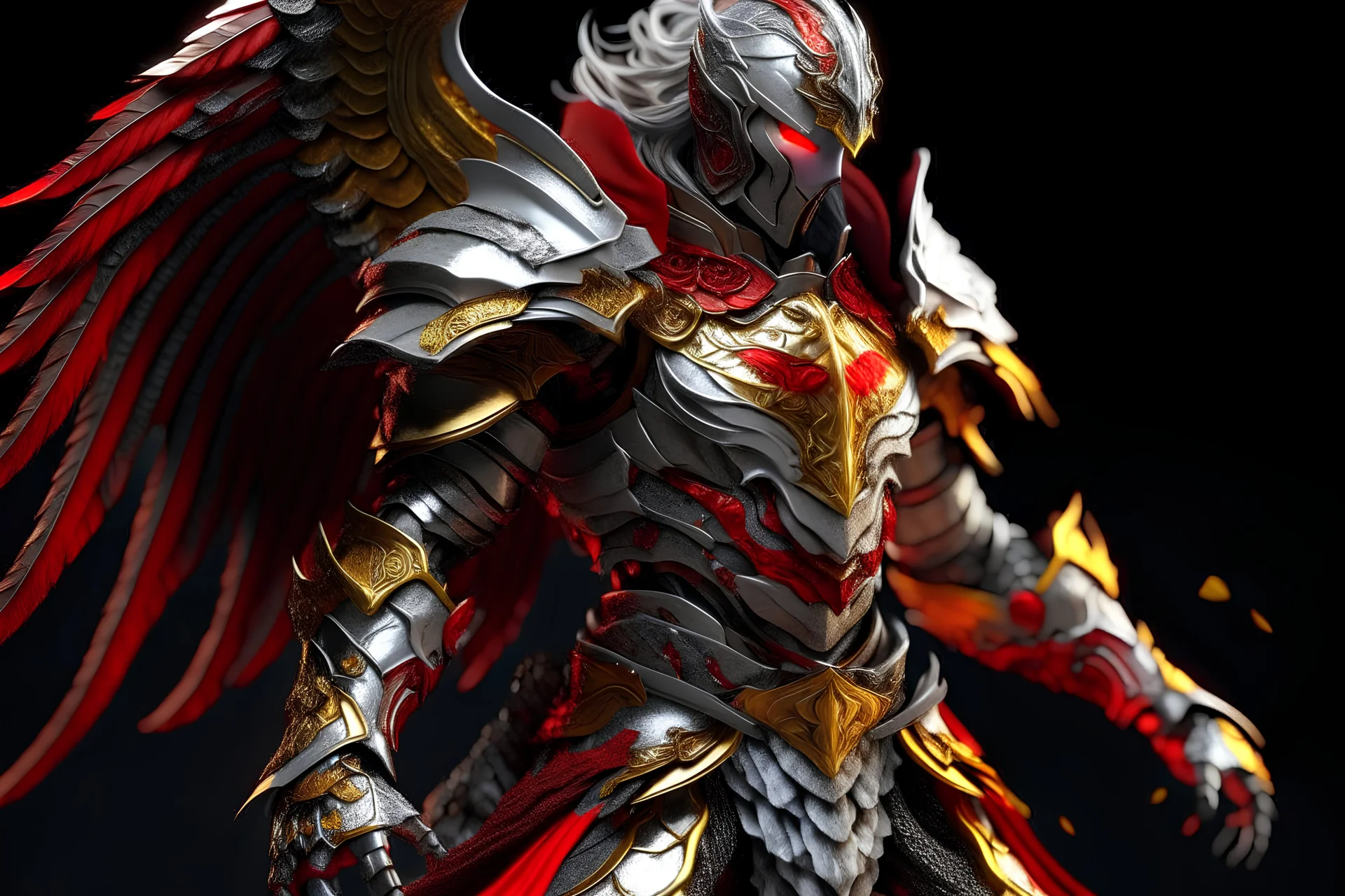 silver and gold knight armor with glowing red eyes, and a ghostly red flowing cape, crimson trim flows throughout the armor, the helmet is fully covering the face, black and red spikes erupt from the shoulder pads, crimson and gold angel wings are erupting from the back, crimson hair coming out the helmet, spikes erupting from the shoulder pads and gauntlets, flying through a hell scape