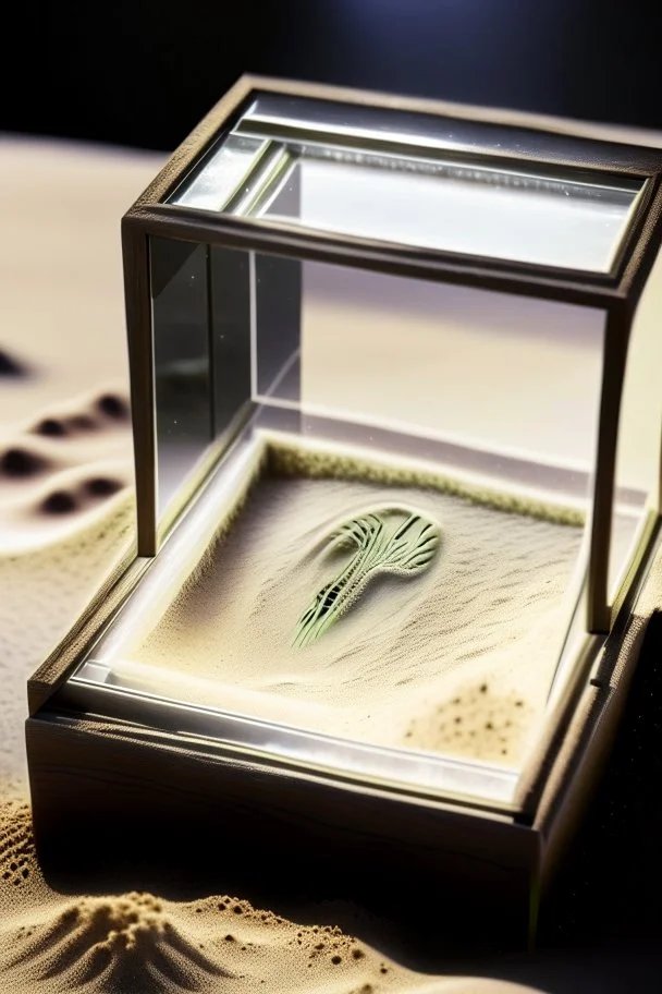 an alien's close up footprint lodged within sand in a neat, square display glass box, "Alien" engraved on small label outside of the box, realistic and highly detailed, 8k