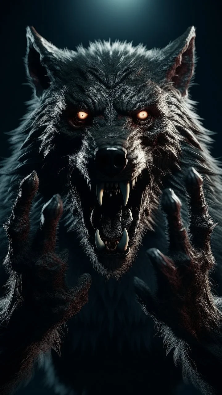 Crafting a terrifying 8K depiction of an evil wolf face with hands up , His presence exudes an unsettling aura of malevolence, instilling fear in all who behold him.