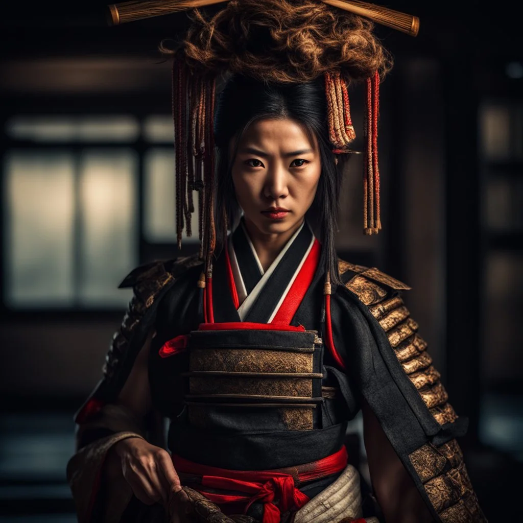 Behold the powerful alluring and pretty Japanese samurai woman, her body adorned with the traditional samurai costume, HDR, beautifully shot, hyperrealistic, sharp focus, 64 megapixels, perfect composition, high contrast, cinematic, atmospheric, moody