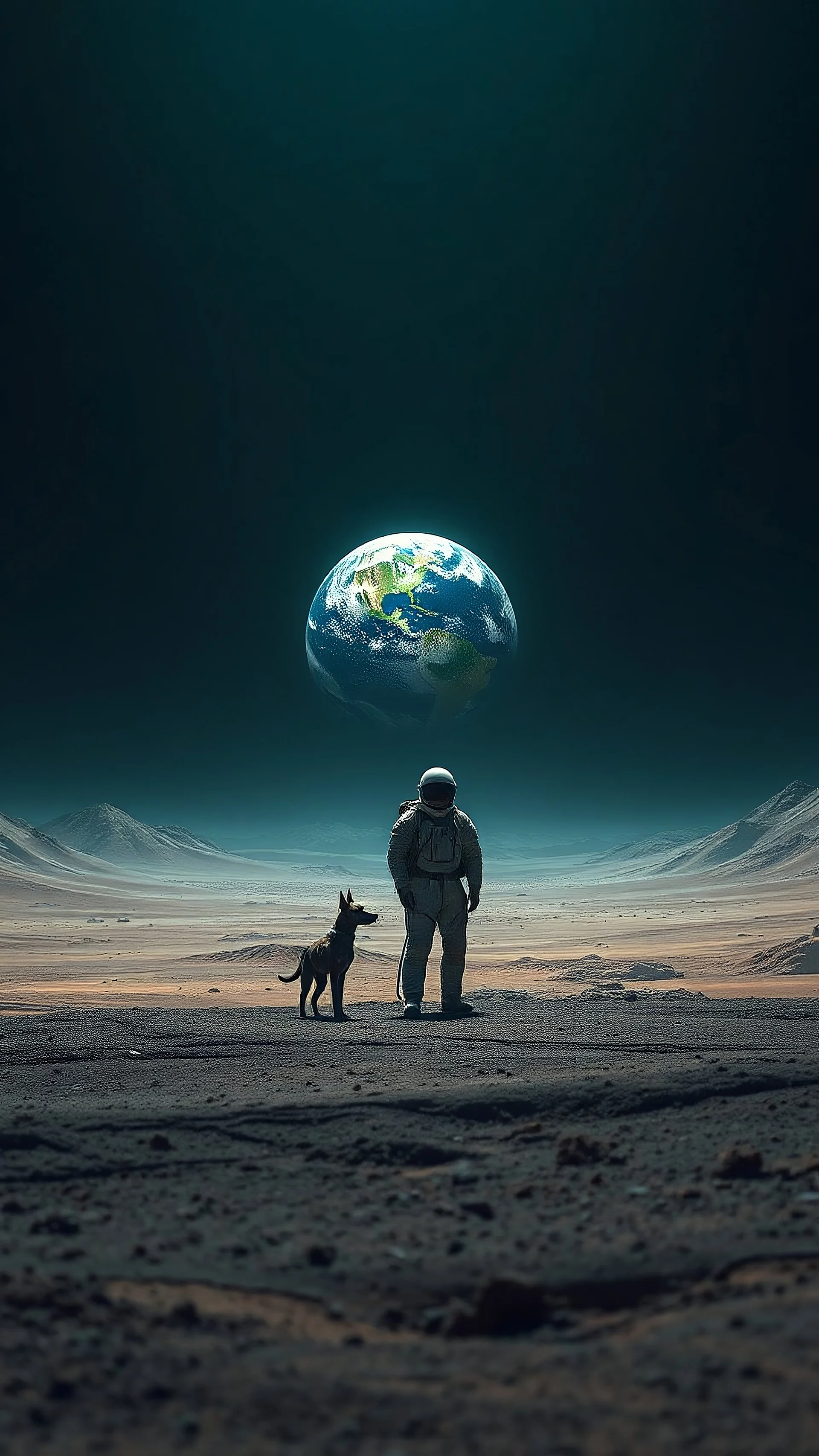 A space man with his dog at a landscape made of mud that looks futuristic with futuristic lighting, realistic rendering. Plant Earth globe in the horizon