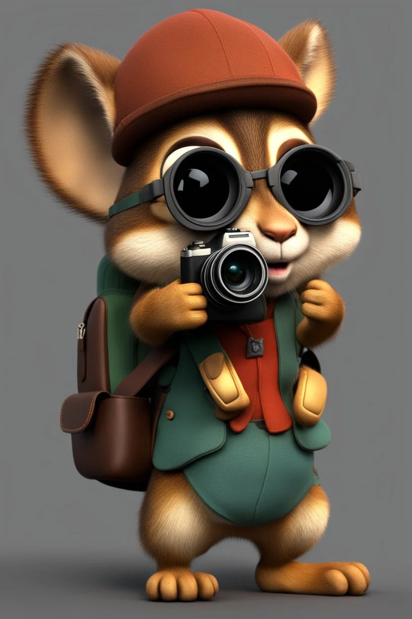 Cute 3d animated chipmunk, she is a photographer with backpack and camera