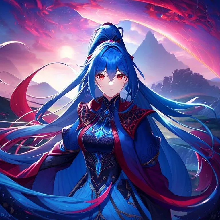 girl, masterpiece, best quality, cinematic lighting, detailed outfit, perfect eyes, blue hair, red eyes, long hair, ponytail, landscape, in a fantasy world of magic and adventure, surreal and vibrant colors, intricate environment design, detailed character design,