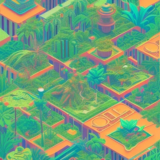 tropical city, latino, plants, streets, risograph, flat design, 2 colors