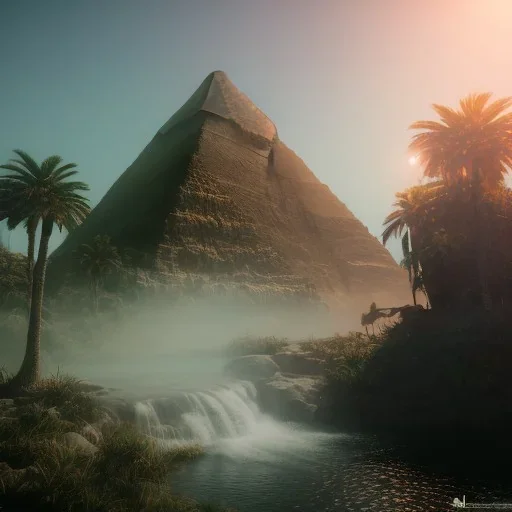 Giza Piramitleri fantasy art, island waterfall palms twigs spring sunset rainbow bridge birds, lighting, cinematic, extremly, mist, unreal engine 5, cinematic lighting, beautiful, photorealistic, abstract