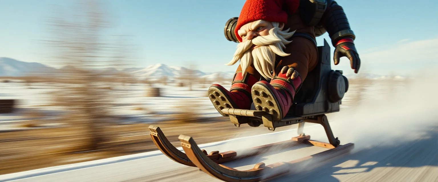 close up on gnome troll hit man with rocket boots in suit on a mech sled doing jumping stunt in winter wasteland, style of fallout 4, high speed with motion blur, on elevated road, gnome doing a pose on the sled