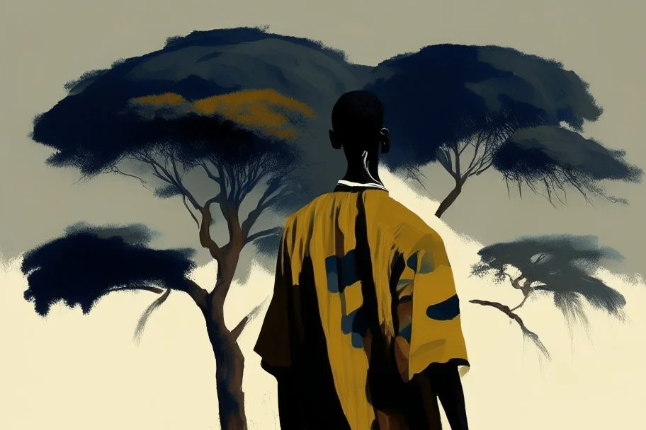 Design, African man, oil painting, featureless, graphic, drawing without facial features, background, sky, trees, traditional clothes