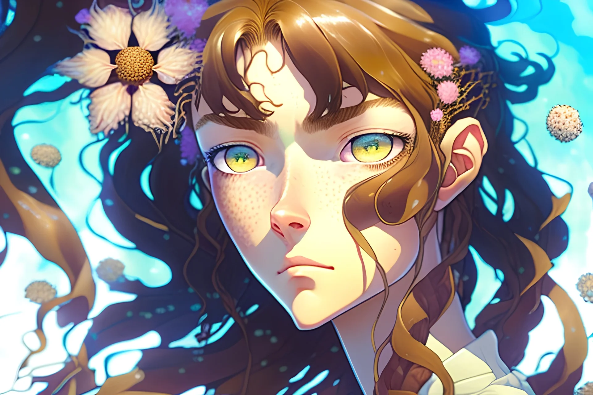 swirly portrait of freckled young woman with fringed wavy brown hair and light blue eyes, wearing vines and flower buds, symmetrical face, accurate anatomy, cel-shaded, cinematic lighting, ultra-fine details, acrylic painting by tite kubo and anna dittman and tetsuya nomura and gustave dore