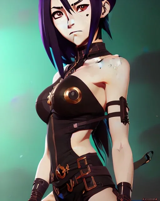 Detailed cute anime Kunoichi girl, brown hair and green eyes,latex bodysuit, intricate details, upper body portrait, keep head in frame, slight smile, black Japanese motif, concept art, highly detailed, digital painting, concept art, sharp focus, illustration, art by Yoji Shinkawa, WLOP and greg rutkowski and alphonse mucha and artgerm and yanjun Chen and Junji ito and Makoto Shinkai, HDR, octane render.