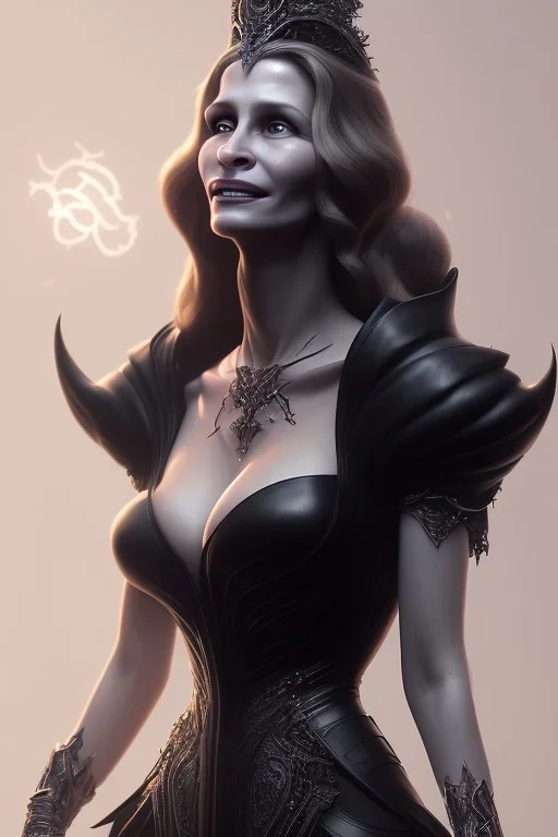 Julia Roberts as evil queen in black leather gown, evil, busty, cleavage, curvy, angry, stern look. character design by cory loftis, fenghua zhong, ryohei hase, ismail inceoglu and ruan jia. unreal engine 5, artistic lighting, highly detailed, photorealistic, fantasy