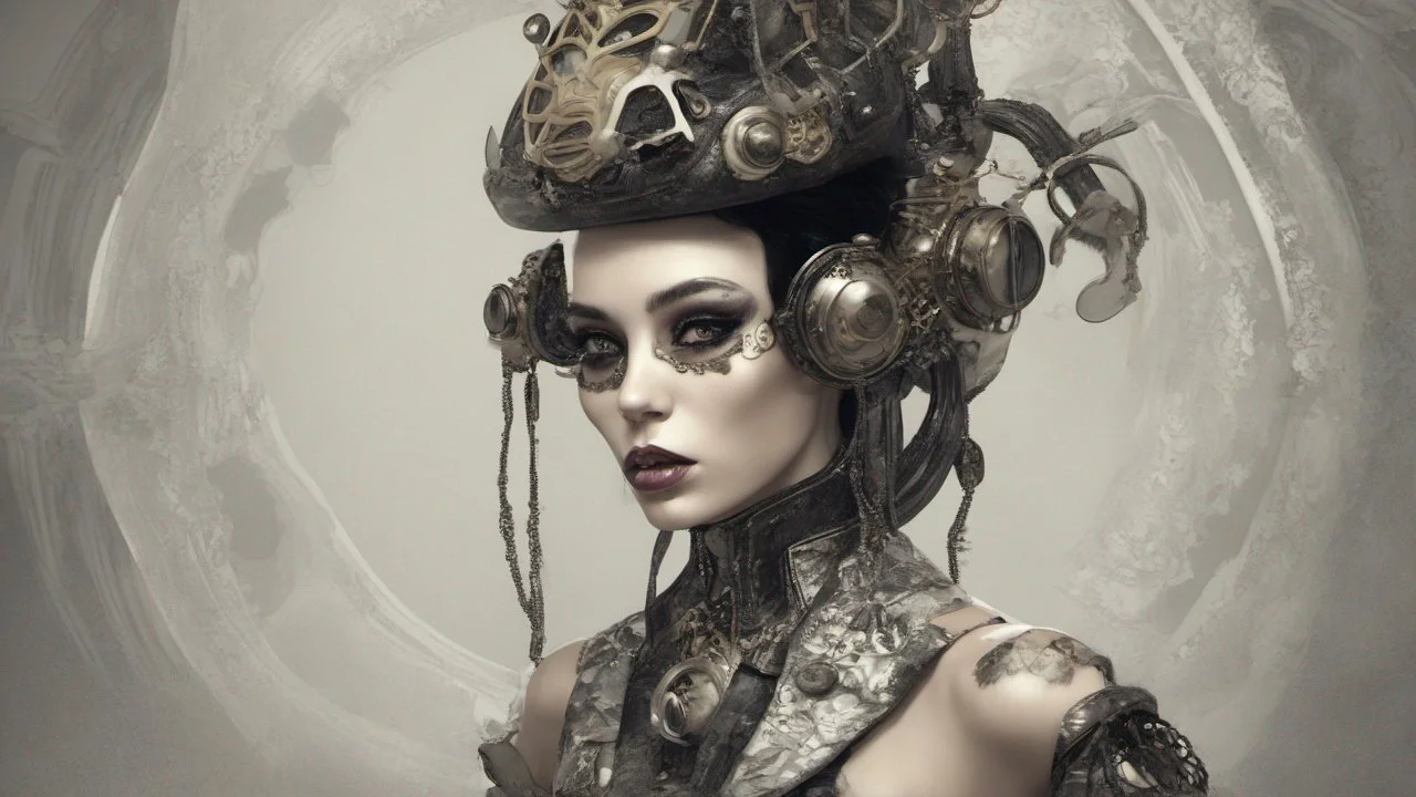 pale steampunk alien woman wearing exotic clothing. Black hair bob