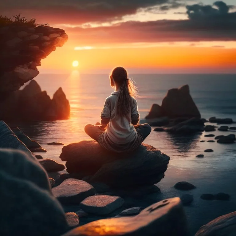 A girl is sitting on the edge of the rocks by the seashore and is meditating. The sun is setting